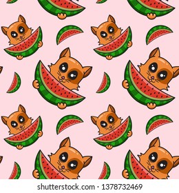 Cat with watermelon summer seamless pattern