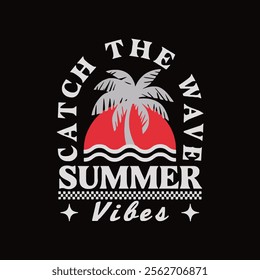 Cat the wave summer vibes typography summer t shirt design and vector illustration.