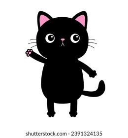 Cat waving hand icon. Funny face head Pink cheeks. Cute sad black kitten. Cartoon baby character. Funny kawaii animal. Pet collection. Sticker print. Flat design. White background. Isolated. Vector
