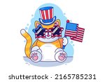 Cat wear hat and glasses hold american flag vector. Patriotic pet wearing costume and holding accessory for celebrate 4th july independence day. Domestic animal patriot flat cartoon illustration