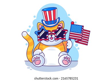 Cat wear hat and glasses hold american flag vector. Patriotic pet wearing costume and holding accessory for celebrate 4th july independence day. Domestic animal patriot flat cartoon illustration