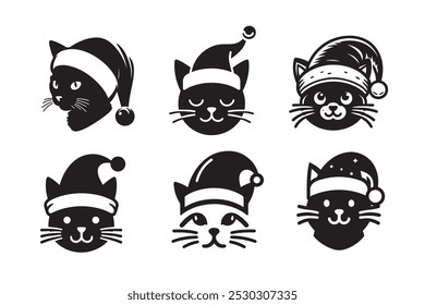 Cat wear Santa’s hat vector silhouette icon set