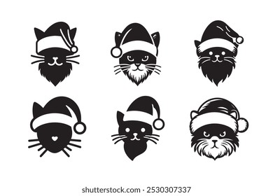 Cat wear Santa’s hat vector silhouette icon set