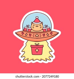 Cat wear Santa hat ride spaceship with Christmas gift illustration. Vector graphics for merch prints and other uses.