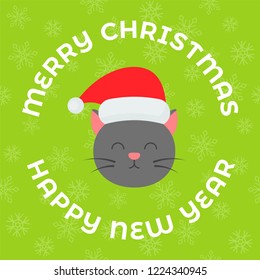 cat wear santa hatin Christmas and new year theme with circle typographic font. illustration in flat design.