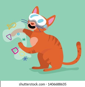 Cat wearing 3D augmented reality goggles swats at the air, dreaming about eating delicious fish. Can be used for technology, gaming, animals, dreams, pet care, cats, fantasy, entertainment, education