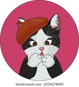 Gato que lleva el sombrero de la boina con la etiqueta engomada del logotipo de la mirada sorprendida
