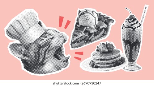 gato vestindo um chapéu de chef com deliciosas sobremesas, torta e panquecas, milkshake, retro halftone colagem design