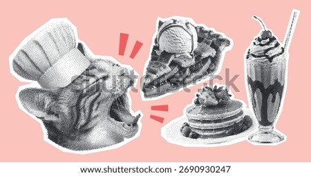 cat wearing a chef's hat with delicious desserts, pie and pancakes, milkshake, retro halftone collage design