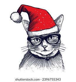 cat wearing Christmas hat and glasses vector sketch