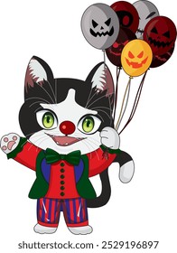 Cat wearing clown clothes with holding creepy balloons halloween illustration