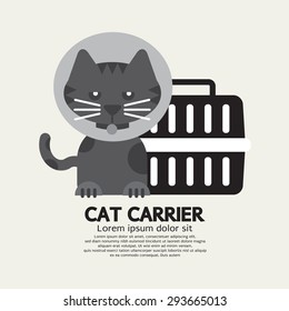 Cat Wearing Cone Collar With Carrier Vector Illustration