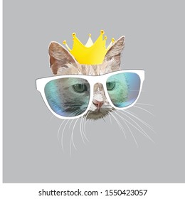 cat wearing a crown and glasses vector illustration