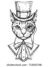 Cat wearing cylinder top hat and monocle. Hipster style hand drawn vector illustration