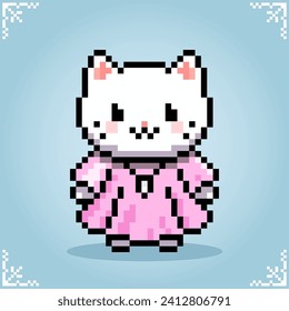 Cat wearing dress pink in 8 bit pixel art. Cute animal for game assets in vector illustration