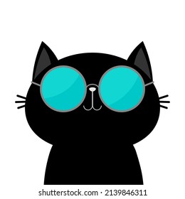 Cat wearing eyeglasses sunglasses. Blue lenses. Cute cartoon funny character. Kitten kitty in eyeglasses. Fashion animal. Sticker print. White background. Isolated. Flat design. Vector illustration