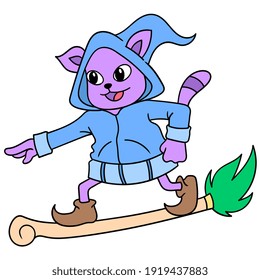 The cat wearing a flying hoodie rides a magic broom, doodle draw kawaii. vector illustration art