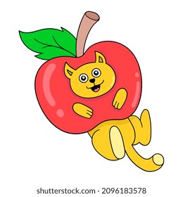 the cat is wearing a fresh red apple, vector illustration art. doodle icon image kawaii.