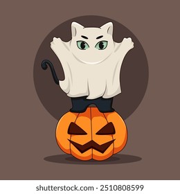 Cat Wearing Ghost Costume Standing on Pumpkin Cartoon Character