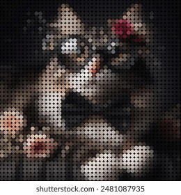 Cat wearing glasses with gradient dots on a black background