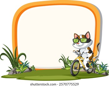 A cat wearing glasses rides a bicycle outdoors