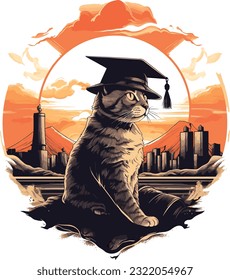 Eine Katze mit Graduationshut vor einem Jahrgang