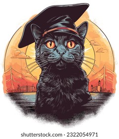 A Cat wearing graduation hat in front of a vintage