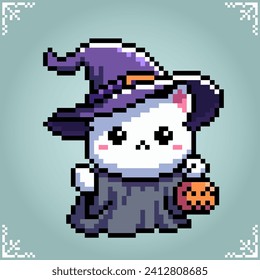 Cat wearing halloween costume in 8 bit pixel art. Halloween theme for game assets in vector illustration.