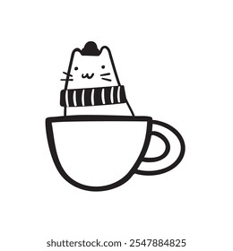 Cat wearing hat and scarf sitting in a coffee cup. Vector design. Outline isolated icon. Illustration on white background.