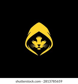Cat wearing hoodie logo vector, hooded kitten mascot icon, mysterious feline head silhouette, yellow streetwear animal design isolated on black background