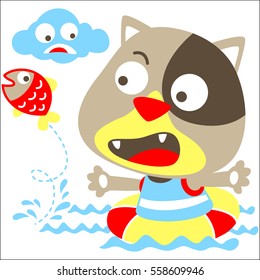 Cat wearing inflatable ring trying catch a fish in water, vector cartoon illustration
