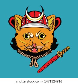cat wearing Japanese samurai and katana sword 