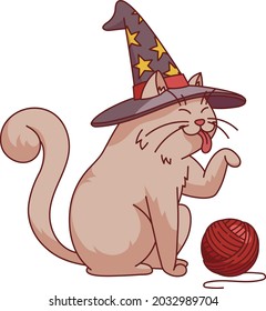 Cat wearing a magic hat and clew in cartoon style