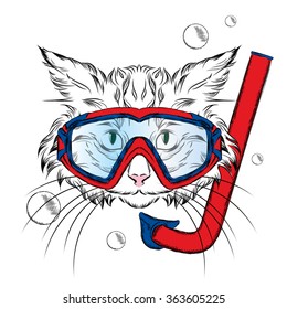 Cat wearing a mask for diving. Hipster. Leisure at sea. Vacation. Swimmer.