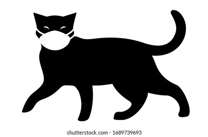 A cat wearing medical face mask for protection from catching a virus, black and white silhouette vector illustration.