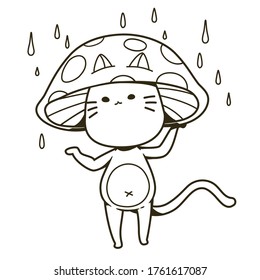 A cat wearing a mushroom hat and raindrops doodle style isolated on white background, Vector illustration, 
This design for decoration, sticker, tattoo and Children's coloring page.