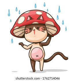 A cat wearing a mushroom hat and raindrops isolated on white background, Vector illustration, This Design for used to decorate publications, sticker, animation, Infographic, and more.