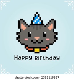 Cat wearing party hat in 8 bit pixel art . Cute animals for game assets in vector illustrations.