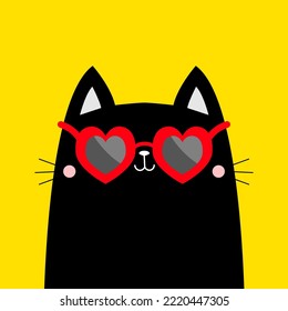 Katze mit rotem Herz Form Sonnenbrille Brille. Sonnenblase. Schwarze Linsen, roter Rahmen. Cute Cartoon kawaii Charakter. Kätzchen in Brille. Gelber Hintergrund. Flaches Design. Vektorgrafik