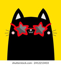 Katze mit roten Sternen Form Sonnenbrillen Brille. Sonnenblase. Schwarze Linsen, roter Rahmen. Cute Cartoon kawaii Charakter. Kätzchen in Brille. Gelber Hintergrund. Flaches Design. Vektorgrafik