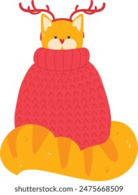 Cat wearing red sweater, antlers head, festive theme, isolated white background. Cartoon style, winter outfit, cozy warm, orangeyellow fur, relaxed expression. Christmas holiday, pet fashion trend