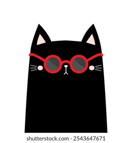 Katze trägt runde Form Sonnenbrille Brille. Lustige Sonnenbrille. Schwarze Linsen, roter Rahmen. Netter Cartoon-Kawaii-Charakter. Kätzchen in Brille. Flaches Design. Weißer Hintergrund. Vektorgrafik