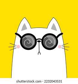 Katze, die eine runde Sonnenbrille trägt. Hypnotische Spiralmuster. Umriss der schwarzen Kontur. Magische Linsen. Cute Cartoon kawaii Charakter. Kätzchen in Brillen. Gelber Hintergrund. Flaches Design. Vektorgrafik