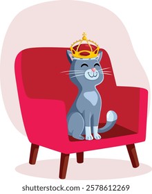 
Cat Wearing Royal Crown Sitting on Armchair Vector Character. Arrogant pet ruling the home sitting on a chair throne 