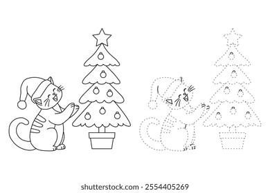 Cat wearing santa hat and decorating christmas tree coloring pages for kids. Trace and color cute cat Christmas character. Holiday seasons worksheet printable for kids. Christmas worksheet.