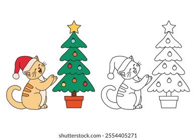 Cat wearing santa hat and decorating christmas tree coloring pages for kids. Trace and color cute cat Christmas character. Holiday seasons worksheet printable for kids. Christmas worksheet.