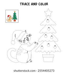 Cat wearing santa hat and decorating christmas tree coloring pages for kids. Trace and color cute cat Christmas character. Holiday seasons worksheet printable for kids. Christmas worksheet.