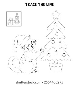 Cat wearing santa hat and decorating christmas tree coloring pages for kids. Trace and color cute cat Christmas character. Holiday seasons worksheet printable for kids. Christmas worksheet.