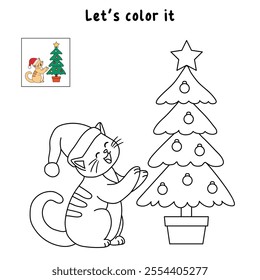 Cat wearing santa hat and decorating christmas tree coloring pages for kids. Trace and color cute cat Christmas character. Holiday seasons worksheet printable for kids. Christmas worksheet.