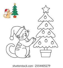 Cat wearing santa hat and decorating christmas tree coloring pages for kids. Trace and color cute cat Christmas character. Holiday seasons worksheet printable for kids. Christmas worksheet.